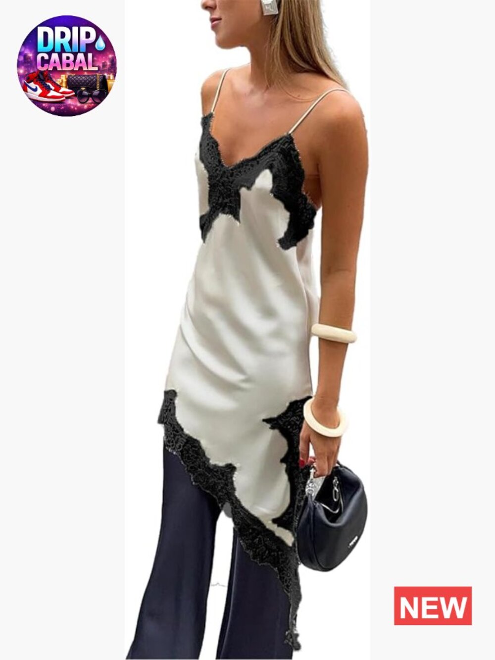Satin Lace Trim Camisole Spaghetti Strap Irregular Hem Tank Top Low Cut Slip